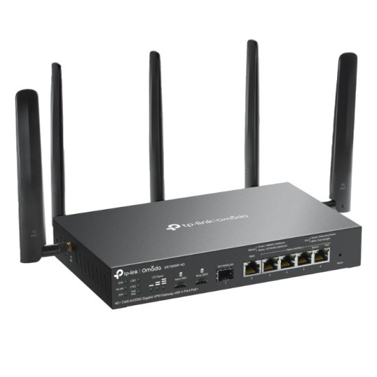 Brama sieciowa gigabitowa ER706WP-4G Omada 4G+ Cat6 AX3000 VPN 4-Port PoE+ 1× Gigabit SFP WAN/LAN, 1× Gigabit RJ45 WAN, 4× Gigabit WAN/LAN ER706WP-4G 
