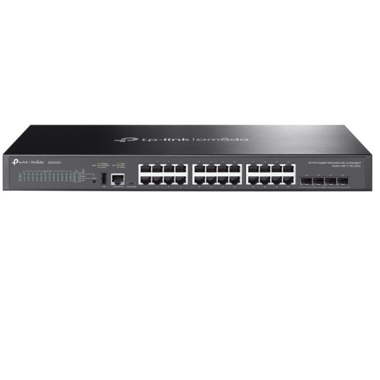 Przełącznik zarządzalny Omada 24-PortGb Stackable Lite L3 with 4 PORT: 24× Gigabit RJ45 Ports, 4× 10G SFP+ Slots, RJ45/USB Type C Console Port