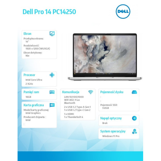 Laptop Dell Pro 14 PC14250 W11P U7 265U/16GB/512GB CL25/14.0 FHD+/INT/FgrPr/FHD/IRCam/Mic/WLAN+BT/BcklKb/3C/vPro/3YPS Platinum
