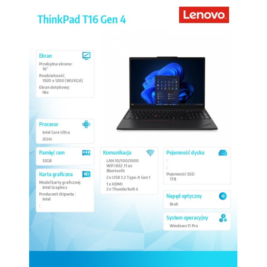 Ultrabook ThinkPad T16 G4 21QE004VPB W11Pro Ultra 7 255U/32GB/1TB/INT/16.0 WUXGA/Black/3Y Premier Support + CO2 Offset 