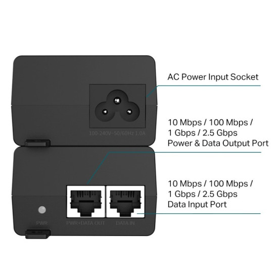 Injector Adapter Omada 2.5G PoE+ PORT: 1× 2.5G PoE Port, 1× 2.5G Non-PoE Port