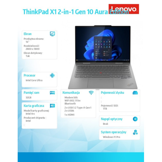 Ultrabook Thinkpad X1 2-in-1 Gen10 21NU0023PB W11Pro Ultra 7 258V/32GB/1TB/INT/14.0 2.8K/Touch/Grey/3YRS Premier Support + CO2 Offset 