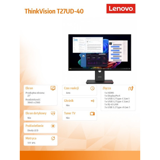 Monitor 27 cali ThinkVision T27UD-40 64AFGAT2EU