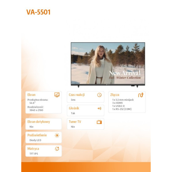 Monitor wielkoformatowy VA-5501 CZARNY 350cd/m2 1200:1 16/7 UHD 