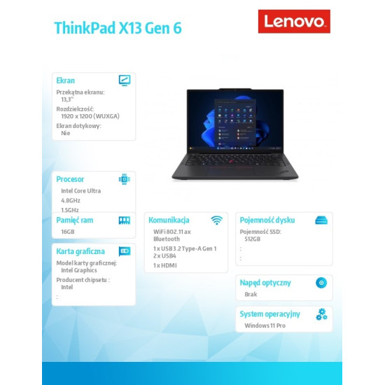 Ultrabook ThinkPad X13 G6 21RK005QPB W11Pro Ultra 5 225U/16GB/512GB/INT/13.3 WUXGA/Black/3YRS Premier Support + CO2 Offset 