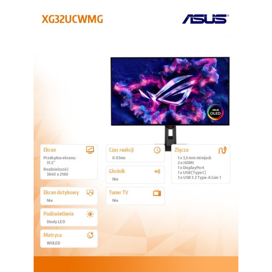 Monitor 31.5 cala XG32UCWMG ROG 4K UHD 0.03 HDMI DP USB