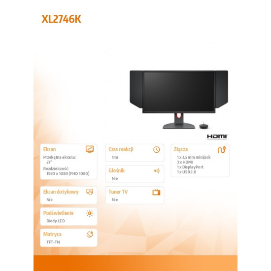 Monitor gamingowy BENQ XL2746K LED 1ms/240Hz/FullHD 