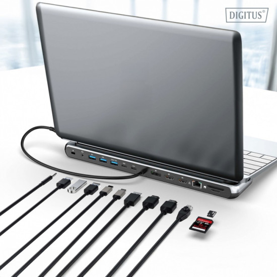 Stacja dokująca USB-C 12 portowa, max. 8K/30Hz z HDR, HDMI, DP, max. 3 monitory (MST), USB-C 3.2 Gen2, Gigabit Ethernet, SD/Micro SD, PD 100W