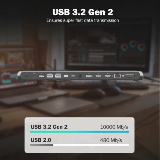 Stacja dokująca USB-C 12 portowa, max. 8K/30Hz z HDR, HDMI, DP, max. 3 monitory (MST), USB-C 3.2 Gen2, Gigabit Ethernet, SD/Micro SD, PD 100W