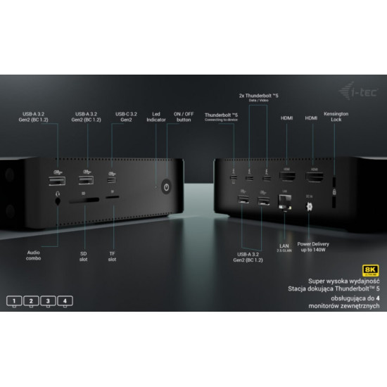 Stacja dokującaThunderbolt5 Quattro Display Docking Station 5x USB 2.5 GLan Power Delivery 140W 