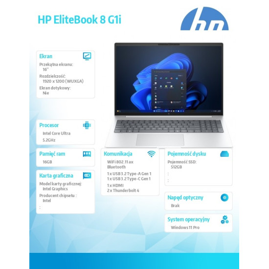 Notebook EliteBook 8 G1i U7-255U 512GB/16GB/W11P/16cali C51LLET 