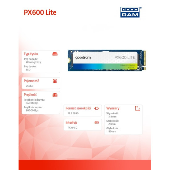 Dysk SSD PX600 Lite 256GB M.2 Gen4x4 NVMe 2280 3400/2000MB/s