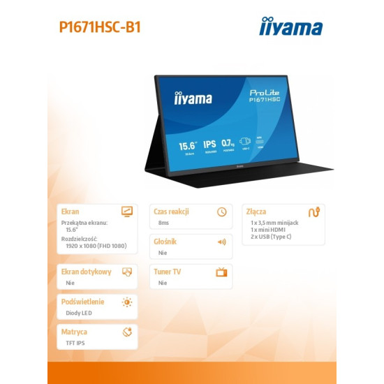 Monitor 15.6 cala P1671HSC-B1 IPS,FHD,miniHDMI,2xUSBC,250cd,8ms,2x1W, 0,7kg