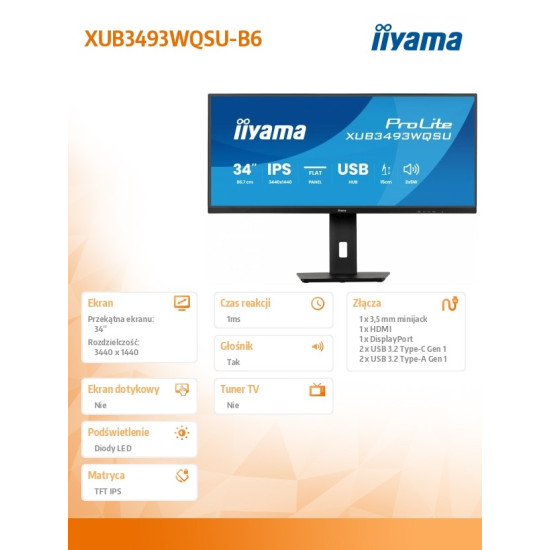 Monitor ProLite 34 cale XUB3493WQSU-B6 IPS,UWQHD,DP,2xHDMI,HAS,21:9,400cd, 120Hz,1000:1,1ms, USB HUBx4, 2x5W,