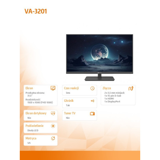 Monitor 32 cale VA-3201 CZARNY 300cd/m2 1400:1 16/7 
