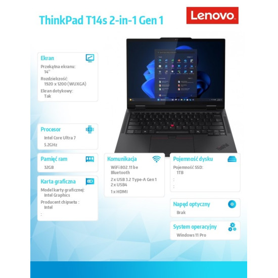 Ultrabook ThinkPad T14s 2in1 G1 21R30041PB W11Pro ULT7 255U/32GB/1TB/INT/14.0 WUXGA/Touch/Black/3YRS Premier Support + CO2 Offset 