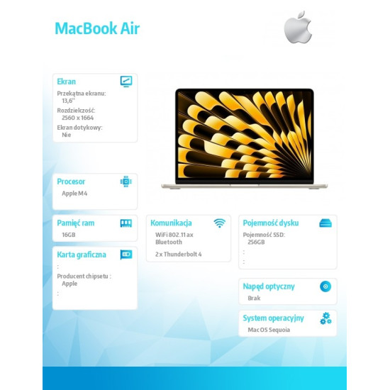 MacBookAir 13 cali /8C GPU/16GB/ 256GB Złoty 