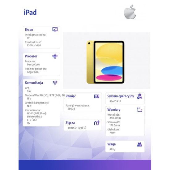 iPad WiFi + Cellular 11 cali 256 GB Żółty