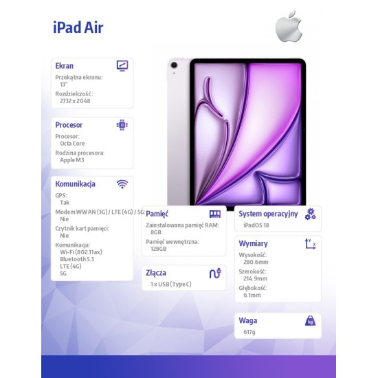 iPad Air 13 cali WiFi + Cellular 128GB Fioletowy