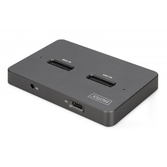 Stacja dokująca USB-C 3.2 Gen2 dla dysków SSD M.2 Duo NVMe oraz SATA (max. 2x 4 TB) z czytnikiem kart SD-Express 7.1 (max. 2 TB), czarna