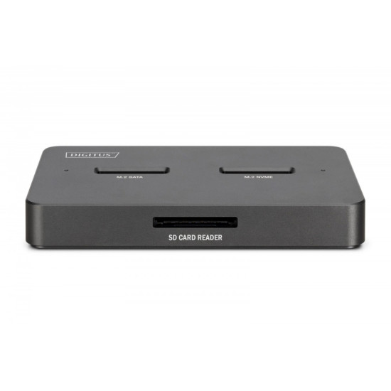 Stacja dokująca USB-C 3.2 Gen2 dla dysków SSD M.2 Duo NVMe oraz SATA (max. 2x 4 TB) z czytnikiem kart SD-Express 7.1 (max. 2 TB), czarna