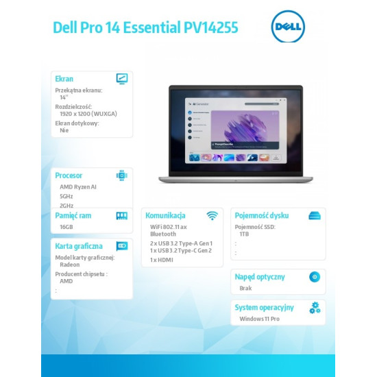 Laptop Dell Pro 14 Essential PV14255 W11P Ryzen AI 7 350|16GB|1TB|AMD Radeon|FgrPr|WLAN+BT|14.0 FHD+|BcklKb|4C|65W|3YPS Platinum Silver Metal