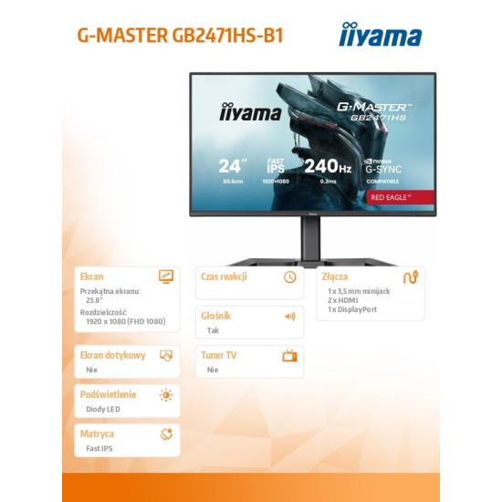 Monitor 23,8 cala GB2471HS-B1 Fast IPS,FHD,240Hz,2xHDMI,DP, 350cd, HAS(150) PIVOT, Adaptive G-SYNC - 1920 x 1080 @48-240Hz DisplayPort Only 