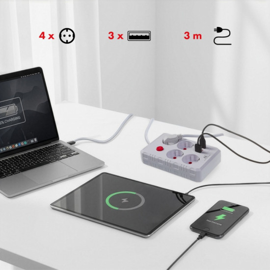 Listwa zasilająca MCE393 W 4 gniazdka, 3xUSB, 110-240V AC 50/60Hz. 2.1A max 2500W, 3m biała