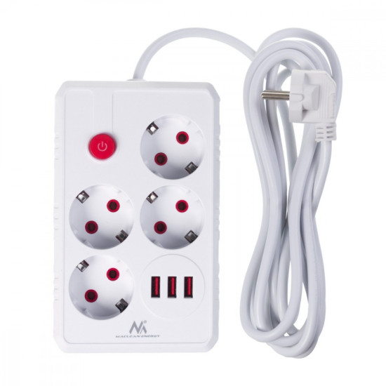 Listwa zasilająca MCE393 W 4 gniazdka, 3xUSB, 110-240V AC 50/60Hz. 2.1A max 2500W, 3m biała