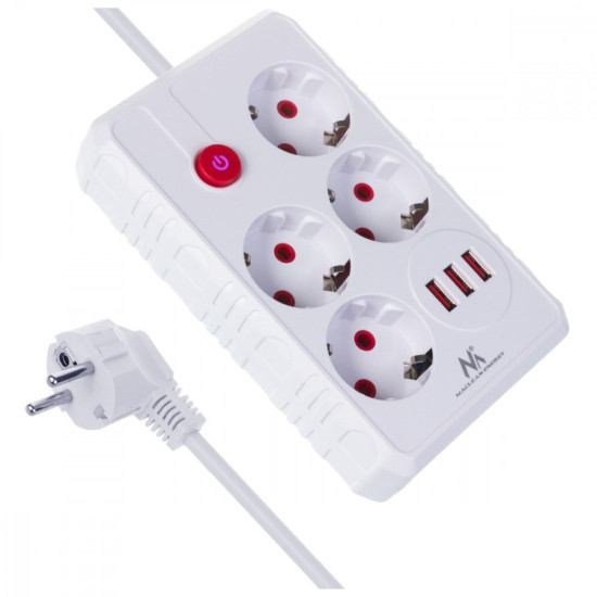 Listwa zasilająca MCE393 W 4 gniazdka, 3xUSB, 110-240V AC 50/60Hz. 2.1A max 2500W, 3m biała