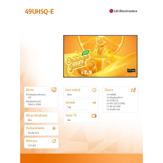 Monitor wielkoformatowy 49 cali 49UH5Q-E 500cd/m2 UHD 24/7 