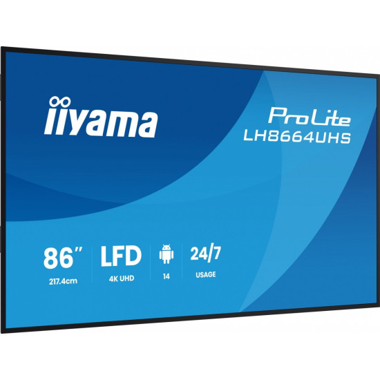 Monitor 86 cali LH8664UHS-B3AG 24/7,IPS,ANDROID 14,4K,2xHDMI,RJ45, 2xUSB,WiF,iUSB-C(DP-Alt),2x16W, iiSignage? (CMS), iiControl (DMS),iiShare, ES