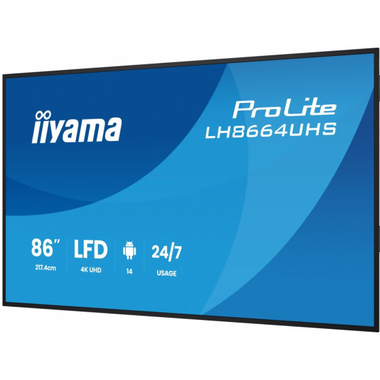 Monitor 86 cali LH8664UHS-B3AG 24/7,IPS,ANDROID 14,4K,2xHDMI,RJ45, 2xUSB,WiF,iUSB-C(DP-Alt),2x16W, iiSignage? (CMS), iiControl (DMS),iiShare, ES