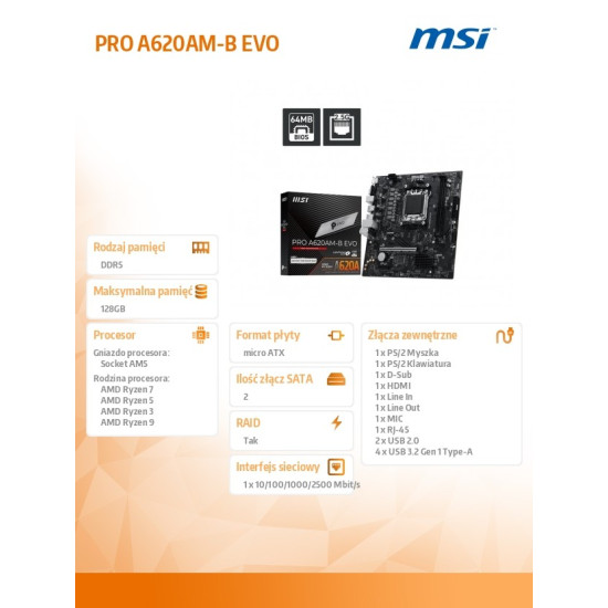 Płyta główna PRO A620AM-B EVO AM5 2DDR5 HDMI/VGA mATX 