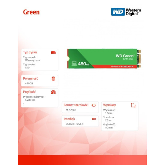 Dysk SSD Green SSD 480GB SATA M.2 2280 WDS480G3G0B