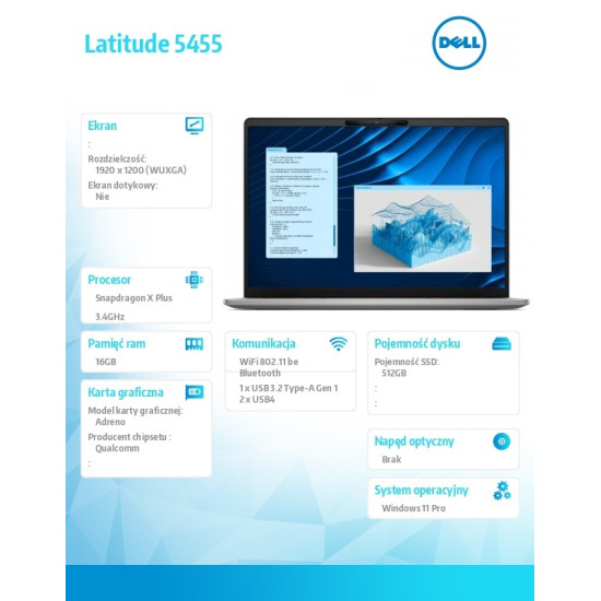 Notebook Latitude 5455 Win11Pro Snapdragon X Plus X1P-42-100 16GB/512GB/14.0 FHD+/Qualcomm Adreno/FgrPr/FHD/IR Cam/Mic/WLAN+BT//Backlit Kb/3C/3YPS