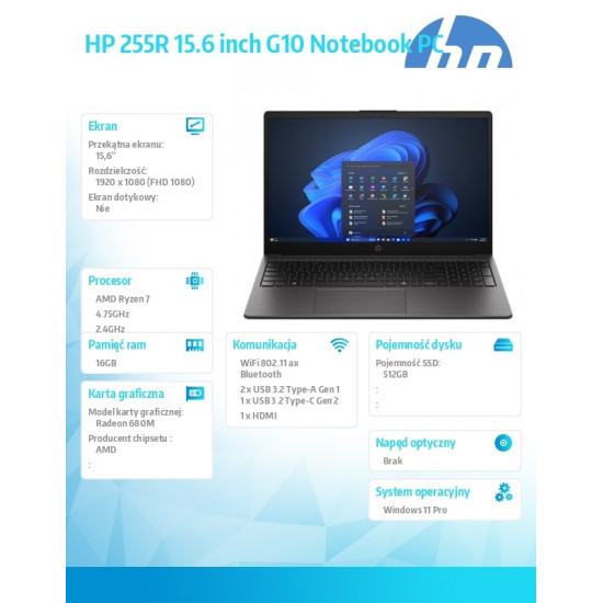 Notebook 255R G10 R7-7735U 512GB/16GB/W11P/15,6 cali D4TJ0ET 