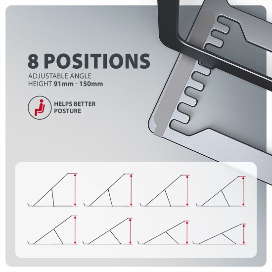 STND-LAG Podstawa do laptopów aluminiowa 10-17,3 cala 8 regulowanych pozycji, Szara