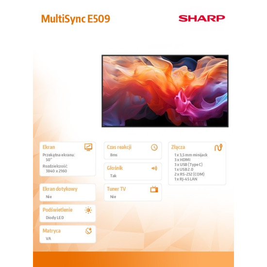 Monitor wielkoformatowy MultiSync E509 50 cali UHD 16/7 350cd/m2