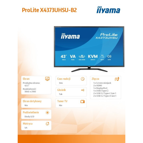 Monitor 43 cale X4373UHSU-B2 4K,VA,2xHDMI,DP,USBCdock (PD95W), 4000:1, USB HUB x4 (2x Type-A, 2x Type-C), KVM, 2 x 7W,450 cd/m2 