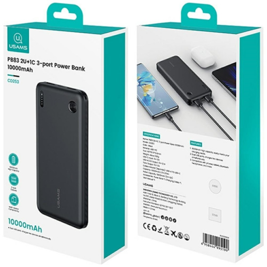 Powerbank PB83 10000mAh PD 2xUSB-A USB-C czarny 
