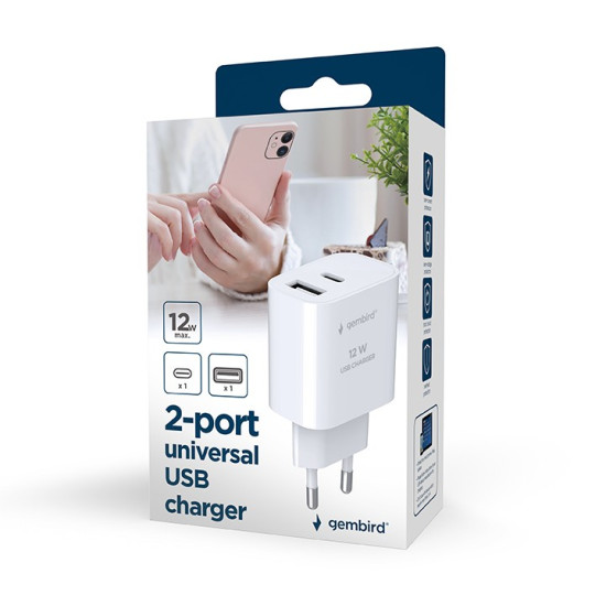 Ładowarka uniwersalna USB 2-portowa (A+C), 2.4 A, biała
