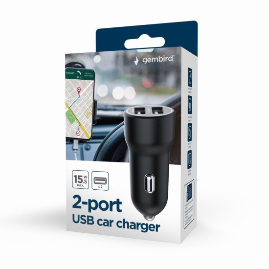 Ładowarka samochodowa USB 2-portowa, 3.1 A, czarna