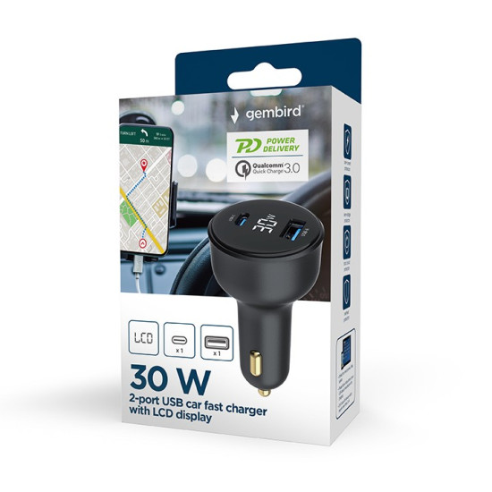 Szybka ładowarka samochodowa 2xUSB-A+C, Type-C (PD), LCD, 30W, czarna