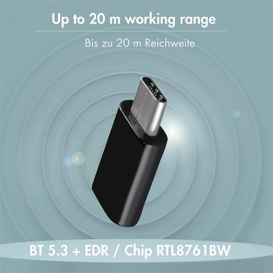 Adapter BT5.3, USB-C Gen1, 3Mbps, 20m, czarny 