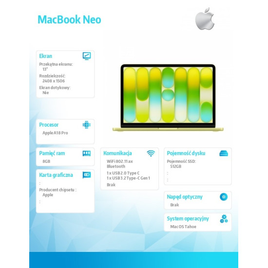 MacBook Neo 13 cali: A18 Pro 6/5, 8GB, 512GB SSD, bez zasilacza, Touch ID - Cytrusowożółty