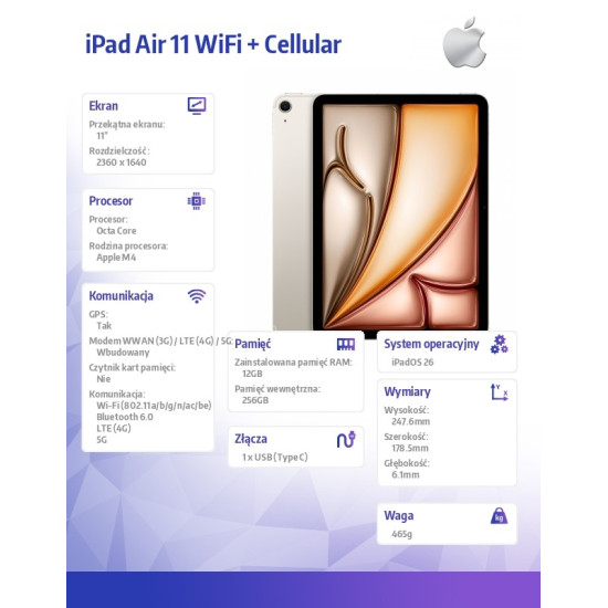 iPad Air 11 cali WiFi + Cellular 256GB Księżycowa poświata