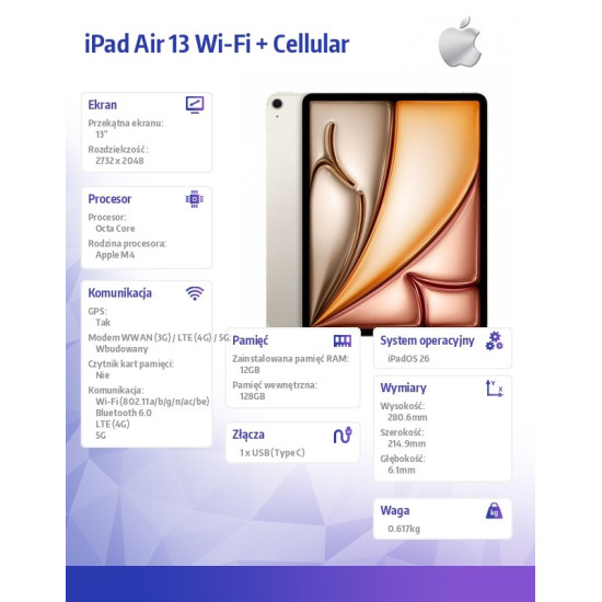 iPad Air 13 cali Wi-Fi + Cellular 128GB Księżycowa poświata