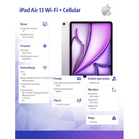 iPad Air 13 cali Wi-Fi + Cellular 128GB Fioletowy