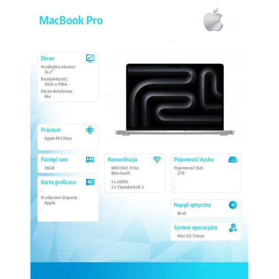 MacBook Pro 14.2 cala: M5 Max 18/32, 36GB, 2TB SSD, bez zasilacza - Srebrny